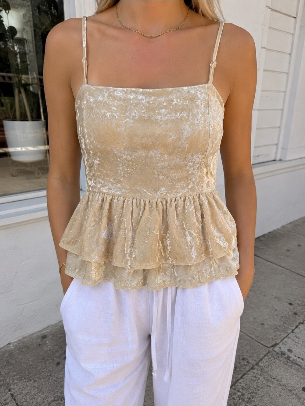 American Eagle Crushed Velvet Ruffle Peplum Cami Tank Cream Gold L